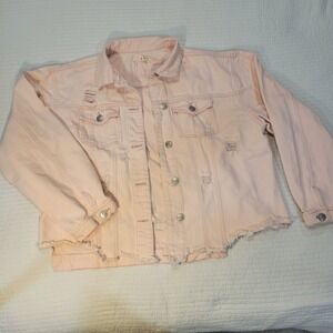 POL Pink Denim Distressed Jacket Plus Size 3XL Ripped Button Up Casual Oversize